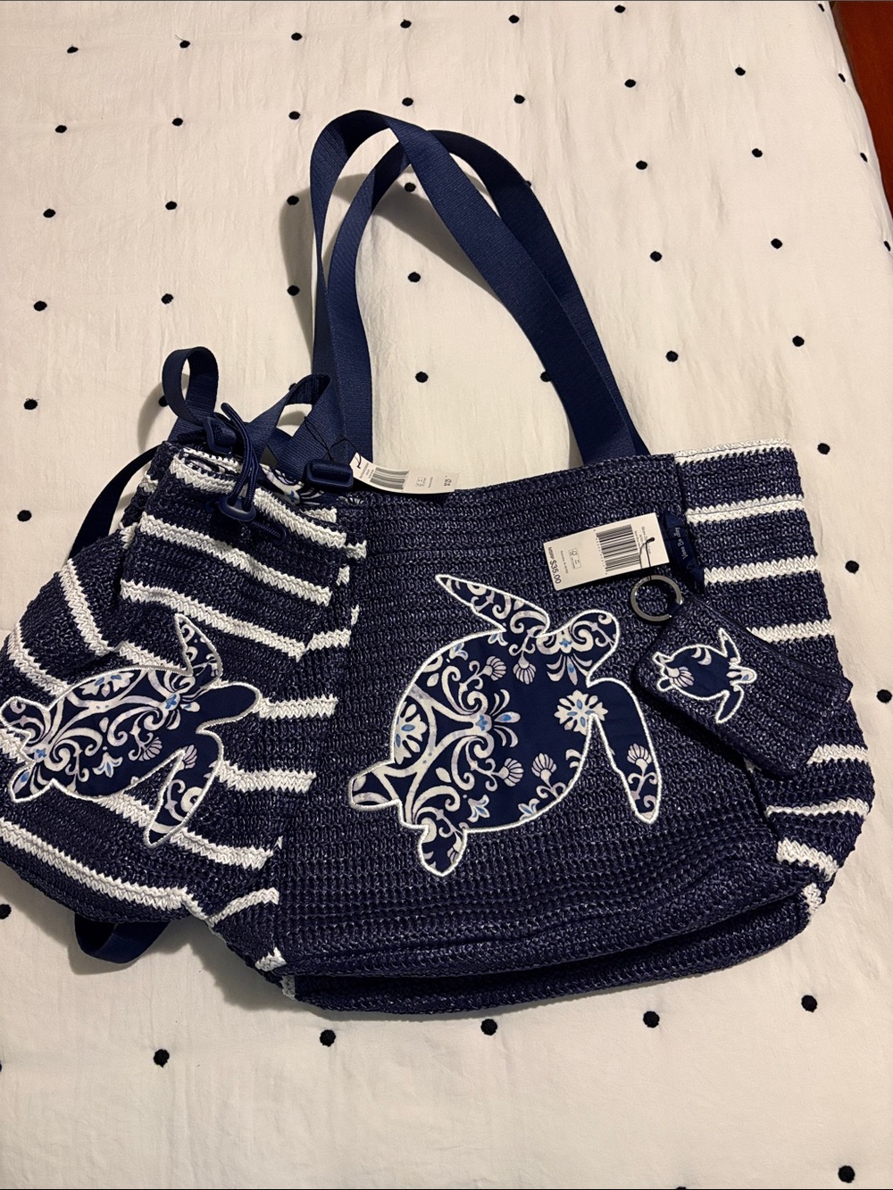 Navy & White Striped Straw Tote with Turtle Appliqué Vera Bradley 3 piece set